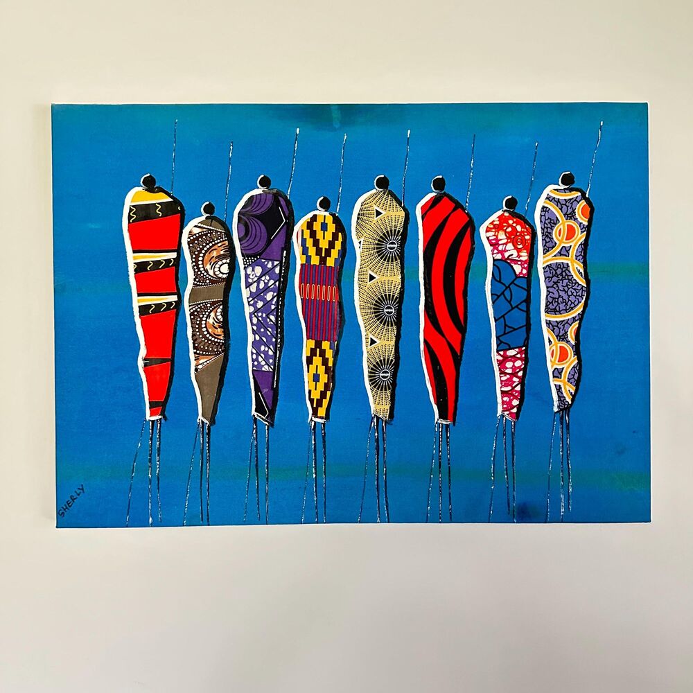 African Fabric Collage Painting Signed Sherly Mixed Media Canvas Wall Art